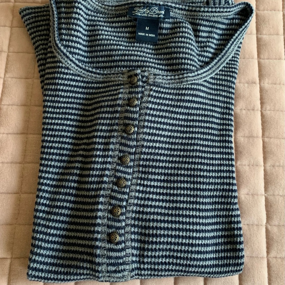 Lucky Brand Navy and Gray Striped Knit Top